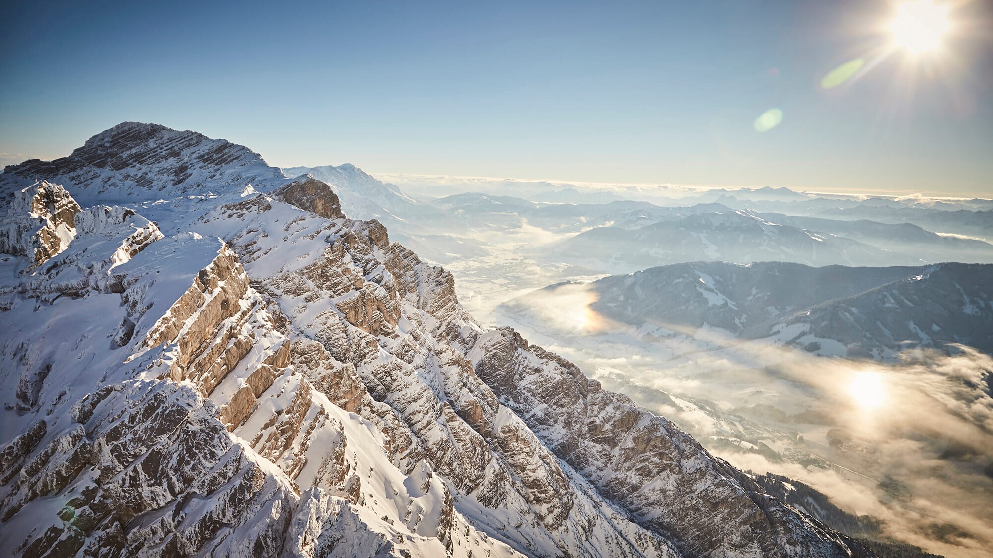 Snow covered mountains and slopes in Saalbach